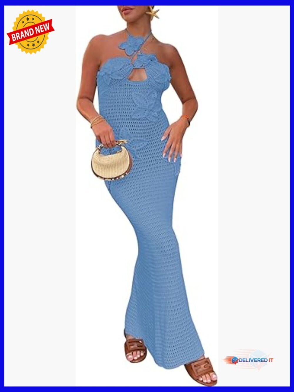 Floral Halter Maxi Dress Sleeveless Backless Beach Coverup Lightweight Polyester